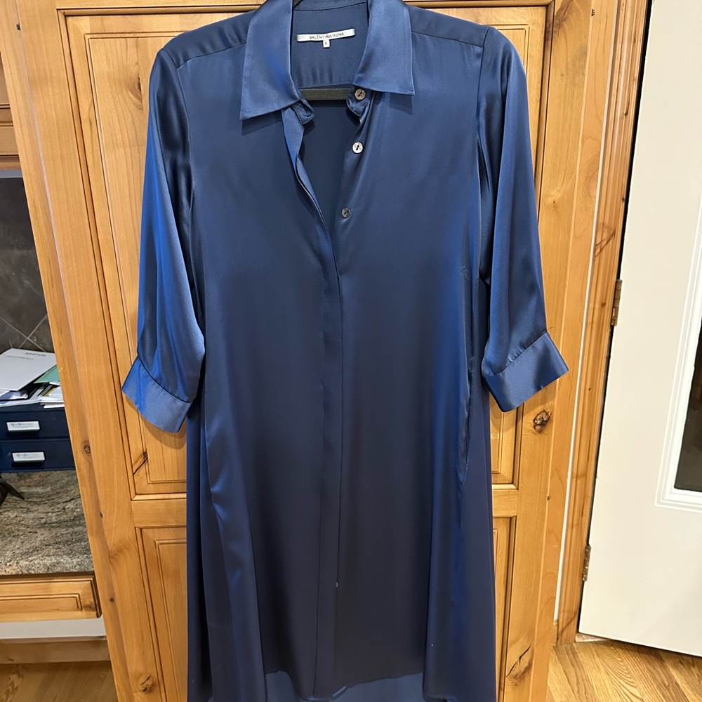 Valentina Deep Navy Blue Long Sleeve Shirt Dress with Notched Collar